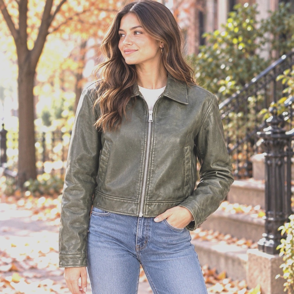Rachel Roy  Women's Medium Olive-Brown Faux Leather Moto Jacket 42" Chest